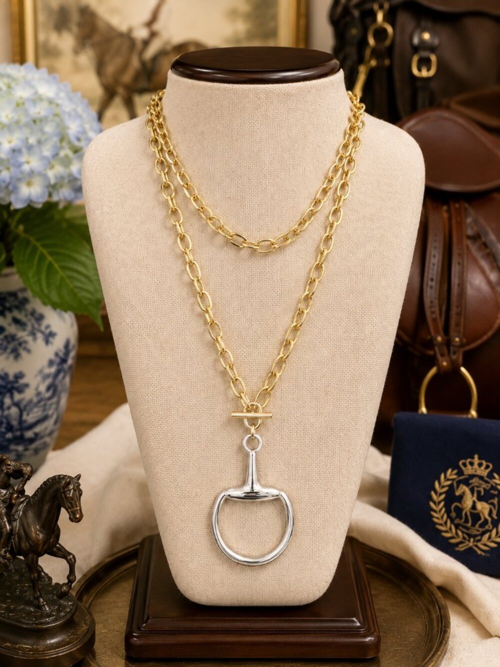 Two Tone Horse Bit Necklace, Gold Chain Silver Snaffle Pendant, Equestrian Jewel